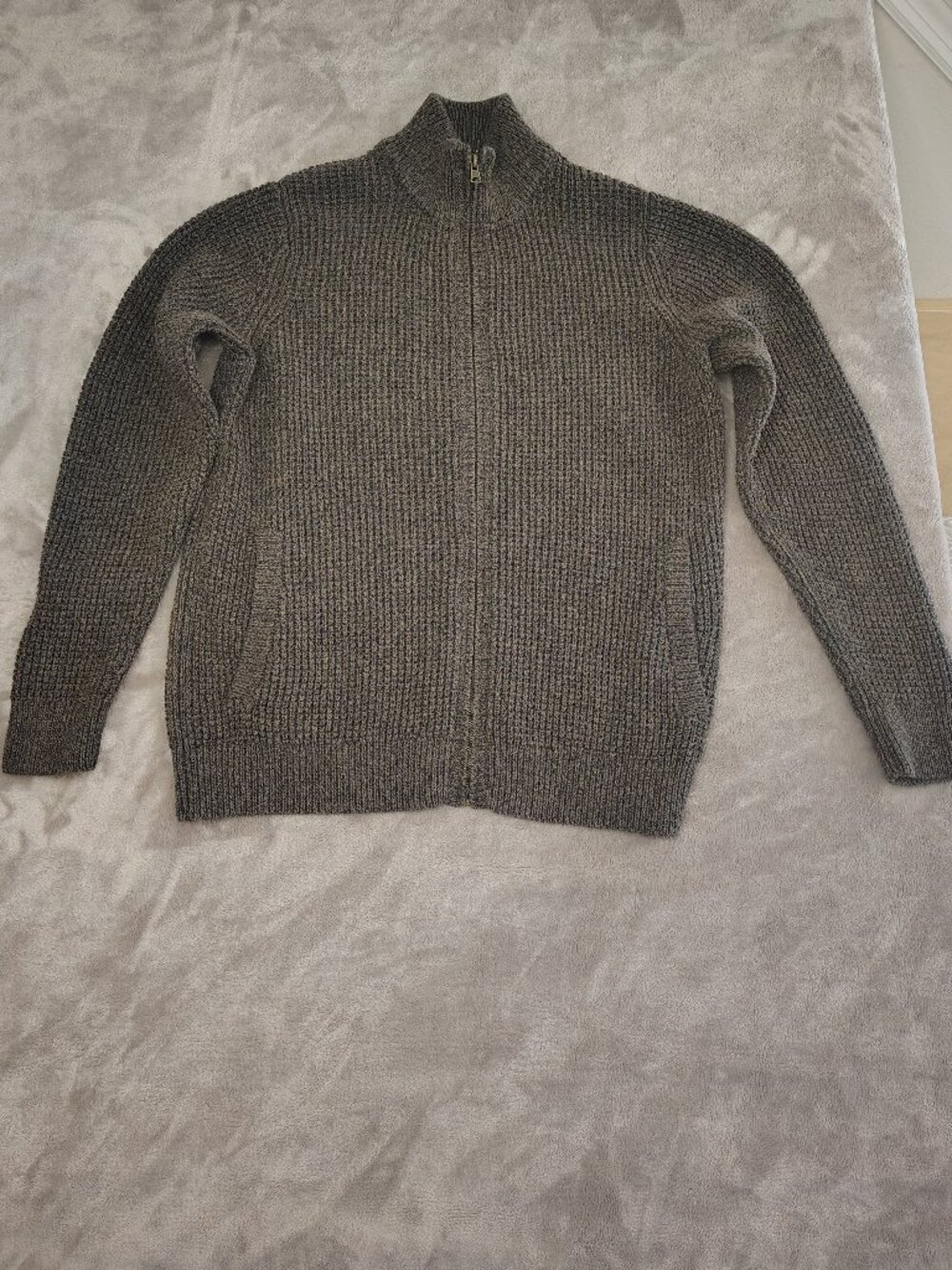 LL Bean Chunky Zip Cardigan Sweater Organic Cotton Fisherman Gray Brown Mens Med
